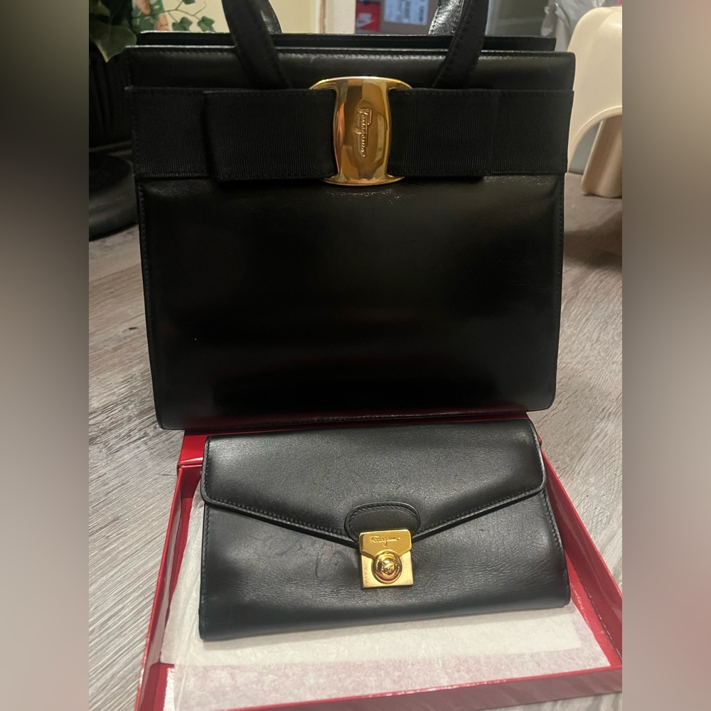 Salvatore Ferragamo Black Satchel with Gold Hardware with wallet
